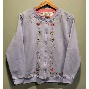 Vtg Shenanigans Lt Blue Pink Floral Embroidered Cardigan Sweatshirt Sz S Mature